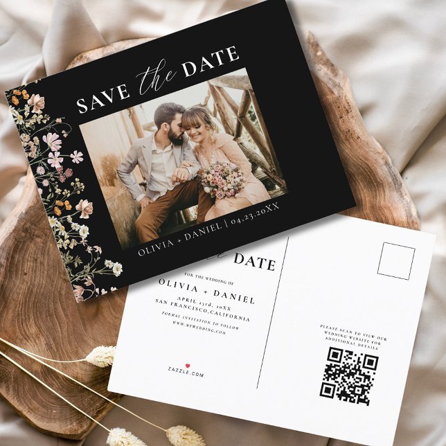 Black QR Code Wildflower Floral Wedding Announcement Postcard (Creator Uploaded)
