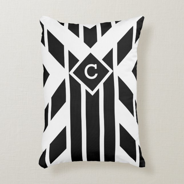 Black Quadrilateral Stripes on White with Monogram Decorative Cushion (Front(Vertical))