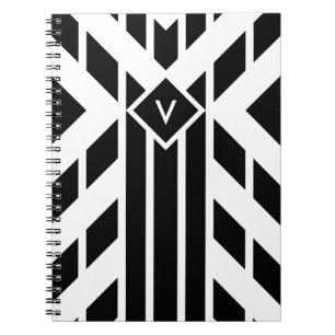 Black Quadrilateral Stripes on White with Monogram Spiral Notebook