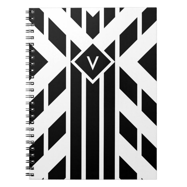 Black Quadrilateral Stripes on White with Monogram Spiral Notebook (Front)