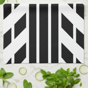 Black Quadrilateral Stripes on White with Monogram Tea Towel