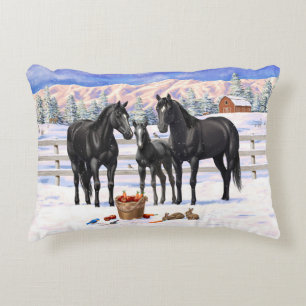 Black Quarter Horses In Snow Decorative Cushion