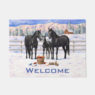 Black Quarter Horses In Snow Doormat