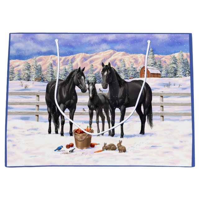 Black Quarter Horses In Snow Large Gift Bag (Front)