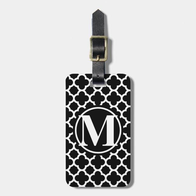 Black Quatrefoil III Monogram Luggage Tag (Front Vertical)