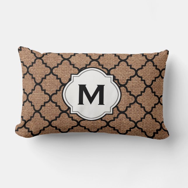 Black Quatrefoil on Rustic Burlap – Monogram Chic Lumbar Cushion (Front)