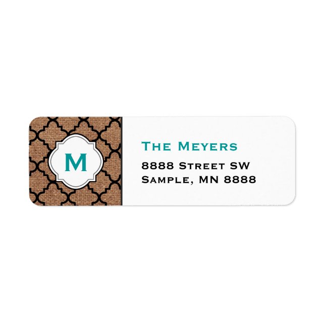 Black Quatrefoil on Rustic Burlap – Teal Monogram (Front)