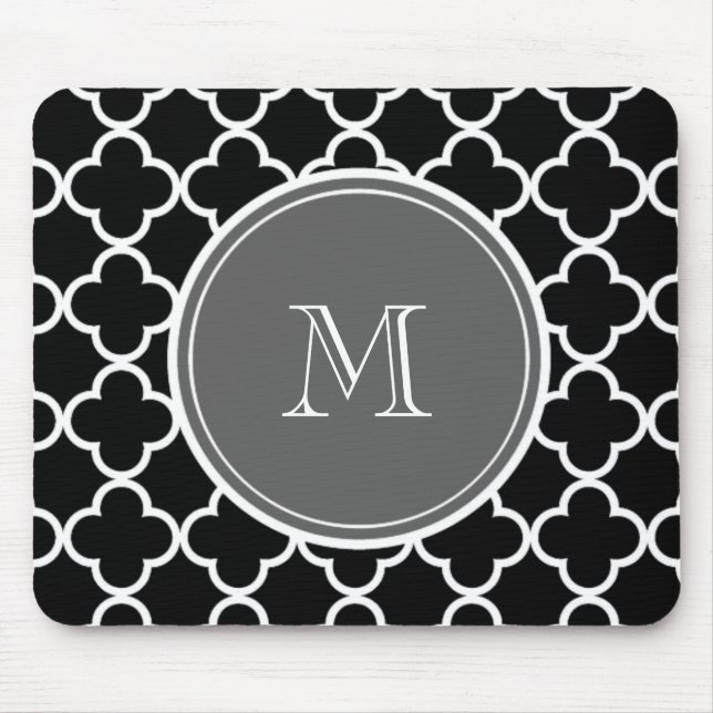 Black Quatrefoil Pattern, Grey Monogram Mouse Pad (Front)