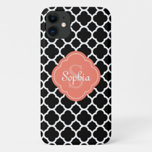 Black Quatrefoil Pattern Peach Monogram Case-Mate iPhone Case