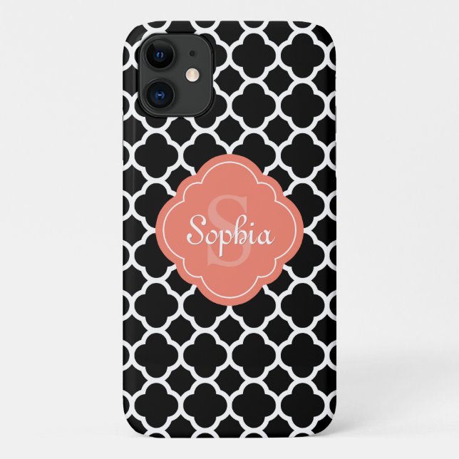 Black Quatrefoil Pattern Peach Monogram Case-Mate iPhone Case (Back)