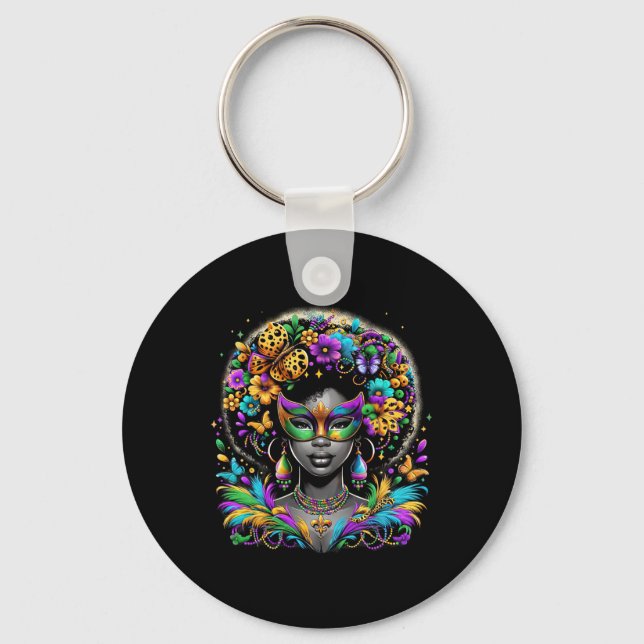 Black Queen Afro African Beads Mask Mardi Gras Car Key Ring (Front)