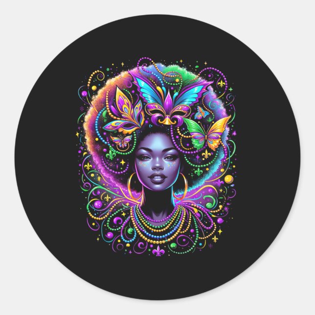 Black Queen Afro African Butterfly Beads Mask Mard Classic Round Sticker (Front)