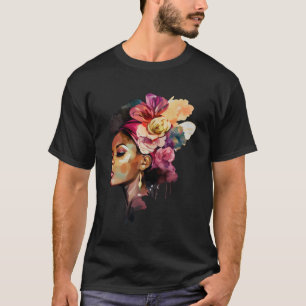 Black Queen Afro Nubian Goddess with Flowers T-Shirt