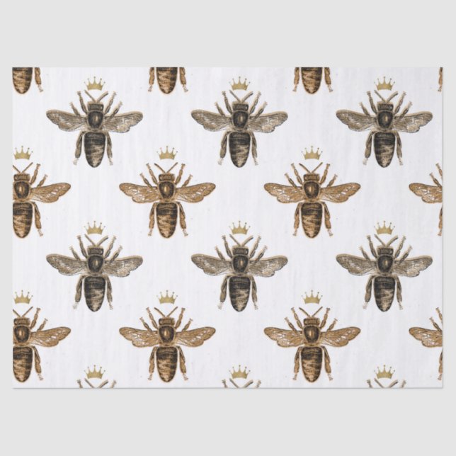 Black Queen Bees on White Decoupage Tissue Paper (Front)