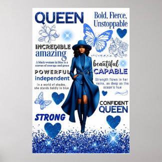 Black Queen Blue Wall Art Poster, Empowering Afric