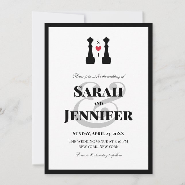 Black Queen Chess Pieces Lesbian Wedding Invitation (Front)