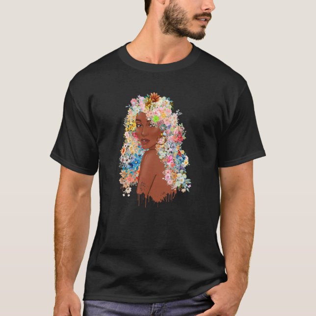 Black Queen Lady Hair Flowers Afro African America T-Shirt (Front)
