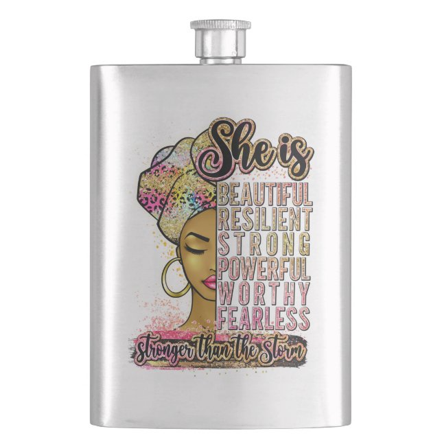 Black Queen Melanin Woman Brown Skin Sista Magic Hip Flask (Front)