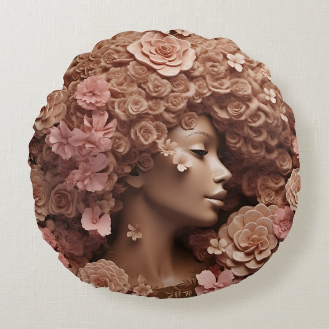 Black Queen Melanin Women 3D Floral Flower Afro  Round Cushion (Front)