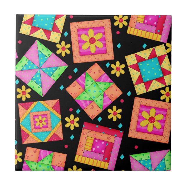 Black Quilt Art Ceramic Tile (Front)