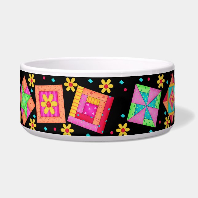 Black Quilt Block Dog Food Bowl (Front)