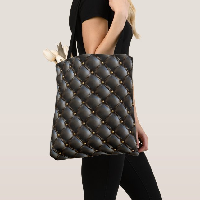 Black Quilted Leather Pattern Tote Bag (Close Up)