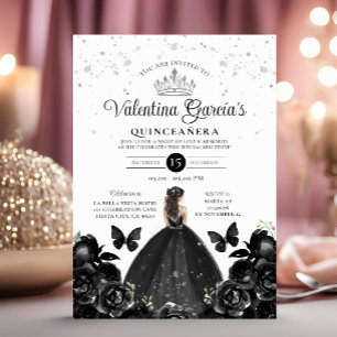 Black Quinceañera 15 Anos Flowers Silver Glitter Invitation