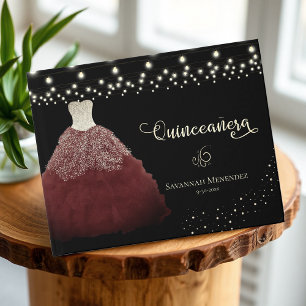Black Quinceanera Burgundy Gown with Lights Photo Guest Book