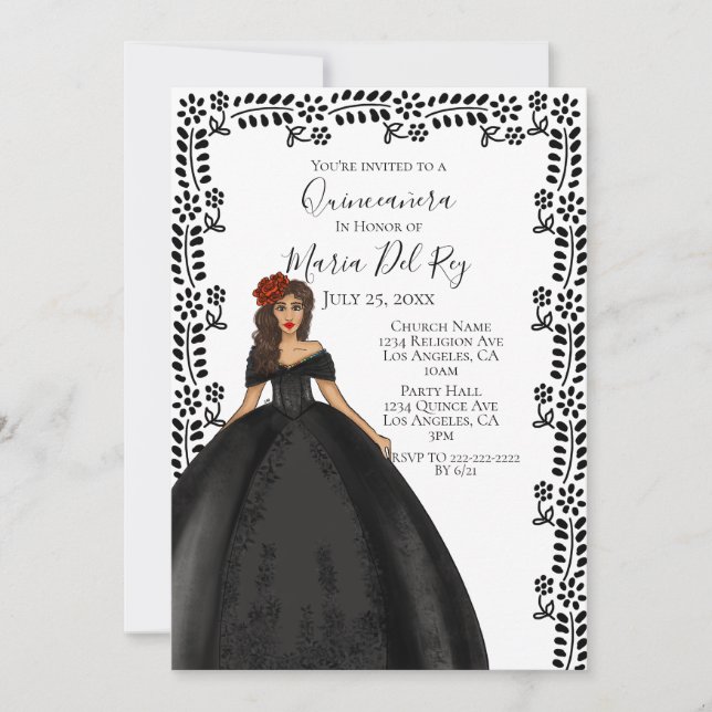 Black Quinceanera Dress  Invitation (Front)