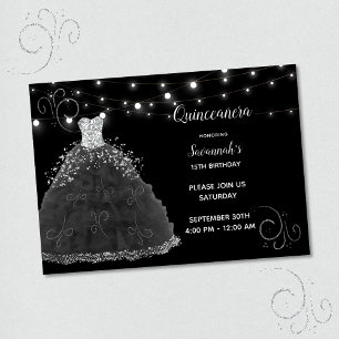 Black Quinceanera Evening Gown String Lights Invitation