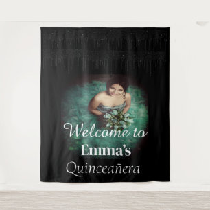 Black Quinceañera Photo Birthday Party Welcome  Tapestry