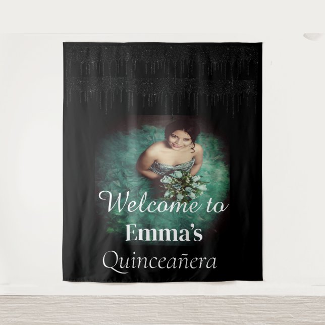 Black Quinceañera Photo Birthday Party Welcome  Tapestry (Front)