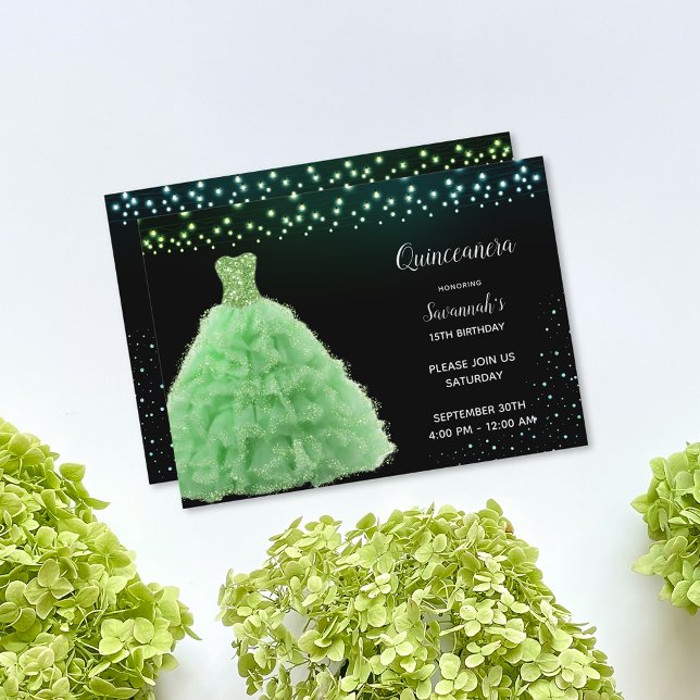 Black Quinceanera Princess Lime Green Gown Lights Invitation (Creator Uploaded)