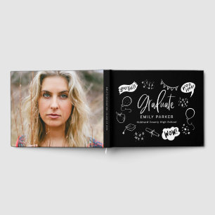 Black Quirky Doodle Graduation Party Photo Guest Book