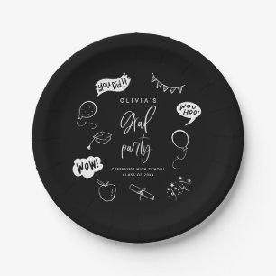 Black Quirky Grad Icons Graduation Party Paper Plate