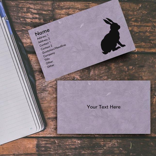Black Rabbit Silhouette Marbled Purple Business Card (silhouette of black sitting rabbit on marbled purple business cards.)