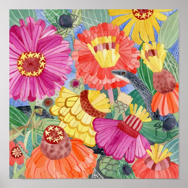 Black Racer and Zinnias poster (Front)