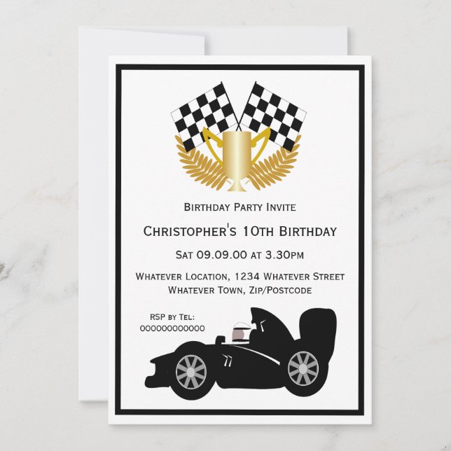 Black Racing Car Birthday Party Invitation (Front)