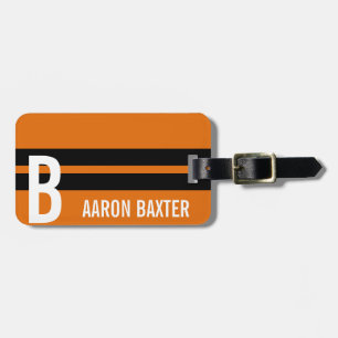 Black Racing Stripes on Orange Monogrammed Custom Luggage Tag