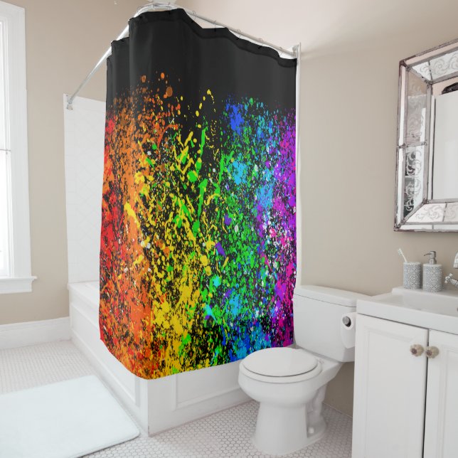 Black Rainbow Colour Paint Splatter Colourful Shower Curtain (In Situ)