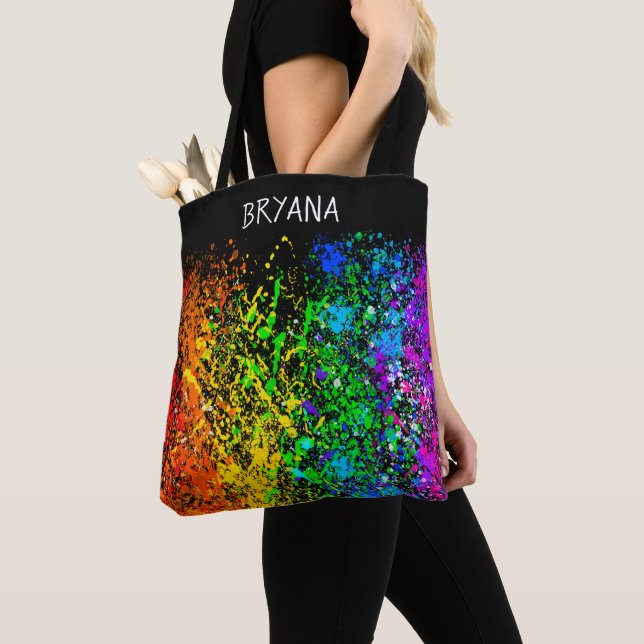 Black Rainbow Colour Paint Splatter Colourful Tote Bag (Close Up)