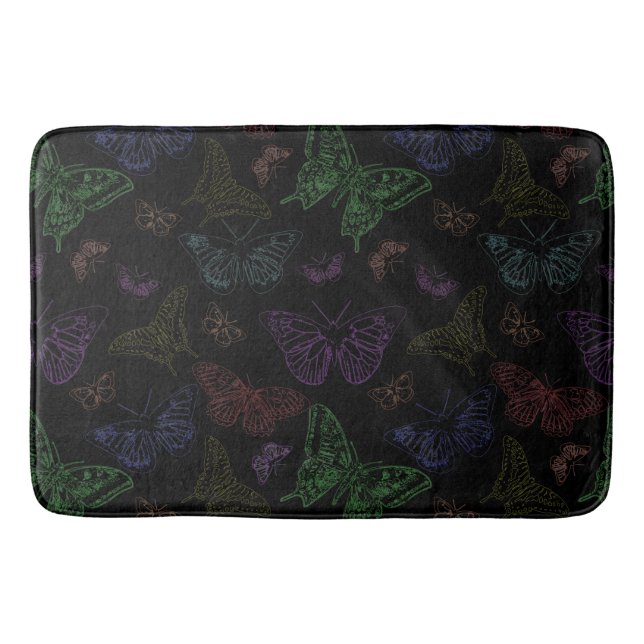 Black & Rainbow Coloured Butterflies Flying Bath Mat (Front)