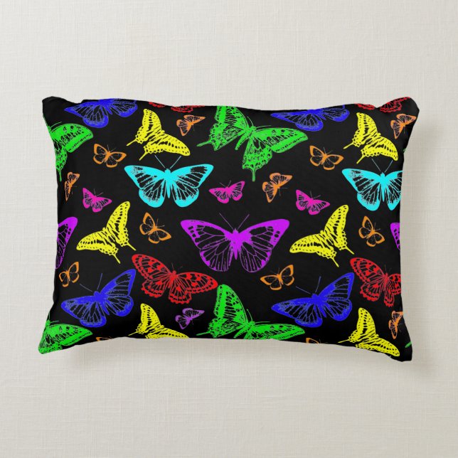 Black & Rainbow Coloured Butterflies Flying Decorative Cushion (Back)
