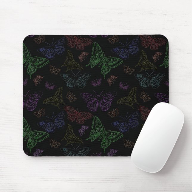 Black & Rainbow Coloured Butterflies Flying Mouse Pad (With Mouse)