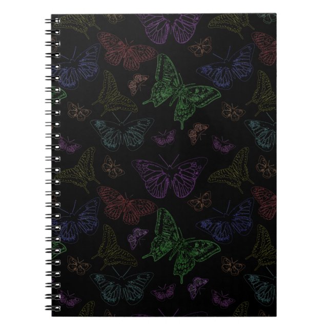 Black & Rainbow Coloured Butterflies Flying Notebook (Front)