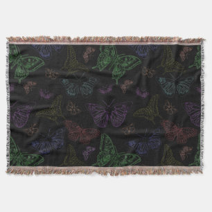 Black & Rainbow Coloured Butterflies Flying Throw Blanket