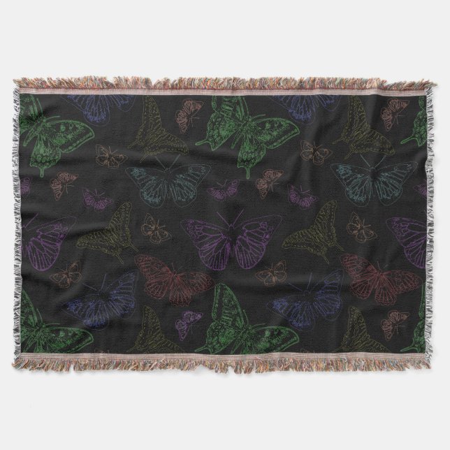 Black & Rainbow Coloured Butterflies Flying Throw Blanket (Front)