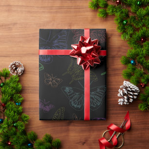 Black & Rainbow Coloured Butterflies Flying Wrapping Paper