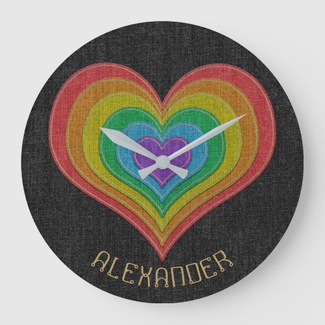 Black Rainbow Denim Jeans 6 Hearts Name Customized Large Clock (Front)