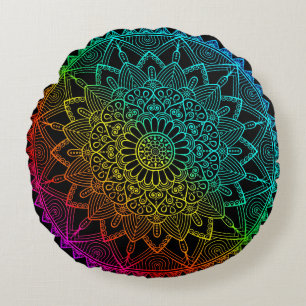 Black Rainbow Mandala Round Cushion
